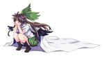 arm_support bare_legs black_legwear black_wings bow brown_footwear brown_hair cape chin_rest commentary_request feathers full_body green_bow green_skirt hair_bow lefthand long_hair puffy_short_sleeves puffy_sleeves red_eyes reiuji_utsuho shirt shoes short_sleeves simple_background skirt socks solo squatting touhou white_background white_shirt wings 