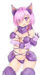  :d absurdres animal_ears bare_shoulders blush breast_hold breasts claw_pose cleavage contrapposto cowboy_shot dangerous_beast detached_collar elbow_gloves eyebrows_visible_through_hair eyes_visible_through_hair fang fate/grand_order fate_(series) fur-trimmed_gloves fur-trimmed_legwear fur_collar fur_trim gloves hair_over_one_eye hand_on_own_arm hansal highres looking_at_viewer mash_kyrielight medium_breasts navel open_mouth pink_hair purple_eyes purple_gloves shield shiny shiny_skin short_hair simple_background smile solo standing stomach tail tareme thighs white_background wolf_ears wolf_tail 
