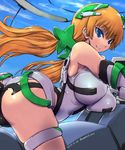  &gt;:) amania_orz angela_balzac armpit_peek ass bangs bare_shoulders blonde_hair blue_eyes blue_sky blush breasts closed_mouth commentary_request dated day deva_battle_suit elbow_gloves gloves headgear large_breasts leotard long_hair looking_at_viewer low_twintails rakuen_tsuihou riding sky smile solo tsurime twintails twitter_username v-shaped_eyebrows very_long_hair white_leotard 