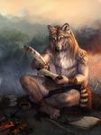  2017 anthro barefoot black_nose brown_eyes brown_fur canine clothed clothing day detailed_background digital_media_(artwork) fur grass holding_object male mammal outside sitting sky solo topless white_fur wolf wolnir 
