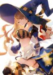  bare_shoulders beatrix_(granblue_fantasy) breasts brown_hair detached_sleeves frills gloves granblue_fantasy green_eyes grin hat large_breasts large_hat long_hair looking_at_viewer midriff nido_celisius simple_background skirt smile solo striped striped_legwear thighhighs white_background witch_hat 