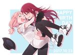 bang_dream! bare_shoulders carrying closed_eyes dress grin happy_birthday hat hat_removed headwear_removed jewelry multiple_girls necklace open_mouth pink_hair princess_carry re_ghotion red_hair shoulder_cutout smile sweater sweater_dress thighhighs udagawa_tomoe uehara_himari yuri 