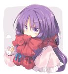  bangs blue_ribbon breath capelet commentary_request covered_mouth eyebrows_visible_through_hair grey_background long_hair patchouli_knowledge purple_eyes purple_hair red_ribbon red_scarf ribbon satou_kibi scarf solo touhou two-tone_background upper_body white_background 