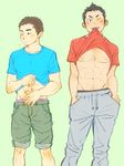  2boys abs blush male_focus multiple_boys muscle presenting shirt_lift smile torte_(triggerhappy) undressing wink 