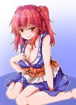  bare_arms bare_shoulders blush breasts cleavage closed_mouth collarbone commentary_request hair_bobbles hair_ornament highres large_breasts long_hair looking_at_viewer naughty_face onozuka_komachi oshiaki red_eyes red_hair sitting sleeveless smile solo touhou two_side_up wariza 