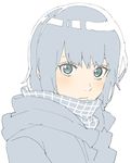  absurdres blue_coat blue_eyes blue_hair blue_scarf close-up closed_mouth coat copyright_request donguri_suzume highres light_blush looking_at_viewer scarf shiny shiny_hair short_hair simple_background solo white_background winter_clothes 