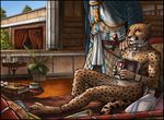  anthro armor book cheetah collar detailed_background duo feline fur hand_on_shoulder hindpaw jewelry lounging male mammal melee_weapon necklace nude orange_eyes paws spots spotted_fur sword titusw weapon 