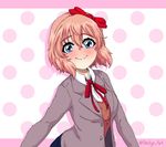  absurdres blue_eyes blush bow breasts brown_hair closed_mouth collared_shirt commentary doki_doki_literature_club eyebrows_visible_through_hair hair_bow highres long_sleeves looking_at_viewer neck_ribbon pink_background polka_dot polka_dot_background red_ribbon ribbon sayori_(doki_doki_literature_club) school_uniform seityr shirt short_hair small_breasts smile solo twitter_username white_shirt 