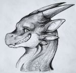  ambiguous_gender dragon grin headshot_portrait hi_res horn looking_at_viewer monochrome multi_ear portrait scalie sharp_teeth shon2 side_view simple_background smile solo tavix teeth traditional_media_(artwork) white_background 