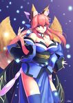  animal_ears bangs bare_shoulders blue_legwear breasts cleavage commentary_request cowboy_shot detached_sleeves ears_through_headwear fate/extra fate/extra_ccc fate_(series) fox_ears fox_tail highres itaco1987 japanese_clothes kimono large_breasts looking_at_viewer obi parted_lips pink_hair sash smile solo tail tamamo_(fate)_(all) tamamo_no_mae_(fate) thighhighs wide_sleeves yellow_eyes 