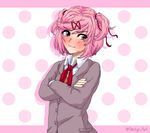  absurdres blush bow closed_mouth collared_shirt commentary crossed_arms doki_doki_literature_club eyebrows_visible_through_hair hair_ribbon highres long_sleeves looking_away looking_to_the_side natsuki_(doki_doki_literature_club) pink_background pink_eyes pink_hair polka_dot polka_dot_background puffy_cheeks ribbon seityr shirt short_hair solo twitter_username two_side_up upper_body wavy_mouth white_shirt 