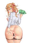  :p absurdres anus ass bar_censor black-framed_eyewear black_panties blonde_hair blush breasts censored come_hither cowboy_shot dollar_sign eun_bari eyewear_on_head fingernails girls_frontline glasses green_eyes hair_ribbon heart highres kalina_(girls_frontline) looking_at_viewer looking_back medium_breasts money nail_polish nipples no_pants open_clothes open_shirt panties panty_pull pink_nails presenting pussy ribbon shirt simple_background solo spread_ass spread_pussy symbol-shaped_pupils tongue tongue_out twintails underwear white_background white_shirt 