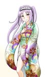 alternate_costume black_ribbon blush commentary_request fate/hollow_ataraxia fate_(series) floral_print hairband hanaimo hand_on_own_chest japanese_clothes kimono lolita_hairband long_hair long_sleeves looking_at_viewer obi purple_eyes purple_hair ribbon sash smile solo stheno twintails 