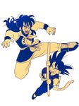  aida_kaiko battle black_eyes black_hair boots dougi dragon_ball dragon_ball_(classic) fighting_stance frown long_hair male_focus multiple_boys nyoibo short_hair simple_background son_gokuu spiked_hair tail white_background wristband yamcha 