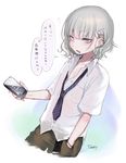  absurdres cellphone dancho_(dancyo) ear_piercing earrings hair_ornament hairclip highres holding holding_phone jewelry lip_piercing male_focus necktie original phone piercing school_uniform shirt silver_eyes silver_hair smartphone solo tongue_piercing untucked_shirt yodogawa_kemuri 