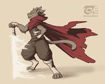  2017 anthro armor cape clairen_(rivals_of_aether) clothing eyes_closed feline female fire gloves helmet mammal melee_weapon pants pose red_cape simple_background sleeveless_shirt solo sword the_secret_cave toes weapon 