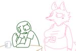  anthro big_breasts breasts canine cup duo english_text female five_nights_at_freddy&#039;s five_nights_at_freddy&#039;s_2 fox human makeup male mammal mangle_(fnaf) mango_(roommates) mike_schmidt overweight overweight_female roommates:motha simple_background text the_weaver video_games worried 