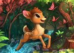  2017 ambiguous_gender arthropod bambi bambi_(film) big_eyes black_nose brown_eyes brown_fur butterfly cervine deer detailed_background digital_media_(artwork) disney feral forest fur group hi_res hooves insect mammal open_mouth signature smile solo_focus spots spotted_fur tree tree_stump water yakovlev-vad 
