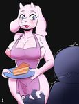  absurd_res anthro apron black_background blue_eyes blush boss_monster breasts cake caprine cleavage clothed clothing duo female food fur goat hi_res horn hotkeke1 humanoid male mammal naked_apron nipple_slip nipples sans_(undertale) simple_background standing toriel undertale video_games white_fur 