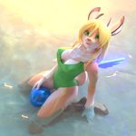  2017 3d_(artwork) anthro ashnar blender_(software) blonde_hair breasts cleavage clothed clothing digital_media_(artwork) female green_eyes hair hi_res jackalope lagomorph mammal nipple_bulge one-piece_swimsuit phina_(ashnar) rabbit solo swimsuit wings 