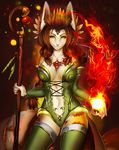  5_fingers anthro armor brown_hair clothed clothing digital_media_(artwork) female fire green_eyes hair hi_res holding_object nitricacid smile solo staff unconvincing_armor wide_hips 