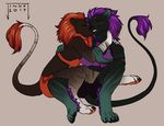  2017 amaranthe_flaremaw anthro ashe_cinderflame blush breasts claws clothing cuddling duo feline female female/female glowing glowing_eyes hug jingx1 kissing leoryn love mammal mane markings palms pawpads paws side_boob smile 