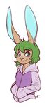  2017 alec8ter anthro clothed clothing female green_hair hair half-length_portrait hands_in_pockets hi_res hoodie lagomorph long_ears looking_at_viewer mammal portrait rabbit rabecki_(poiuytrew) short_hair signature simple_background smile solo white_background 