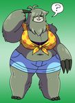  ? anthro barefoot belly big_breasts blush breasts claws cleavage clothed clothing eyes_closed female fur gradient_background grey_fur hair hair_over_eye huge_breasts mammal navel open_mouth overweight overweight_female prinnydood_(artist) simple_background sloth smile speech_bubble tied_shirt 