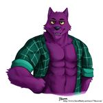  7theaven abs anthro bernard_(ok_k.o.!_lbh) biceps big_muscles black_eyes blue_nose canine cartoon_network chest_tuft clothed clothing fangs fur looking_at_viewer male mammal muscular navel ok_k.o.!_let&#039;s_be_heroes open_shirt pecs purple_fur shirt simple_background smile solo teeth tuft were werewolf white_background yellow_sclera 