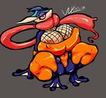  2017 amphibian anthro areola arm_warmers armwear big_breasts bodysuit breasts butt clothed clothing crouching digital_media_(artwork) eyelashes female fishnet fishnet_legwear fishnet_topwear frog greninja huge_breasts legwear long_tongue navel nintendo nipple_bulge pok&eacute;mon pok&eacute;mon_(species) pose puffy_areola red_eyes seductive simple_background skimpy skinsuit solo spreading stockings thick_thighs tight_clothing tongue tongue_out video_games webbed_hands wolflance 