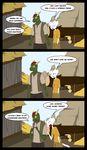 anthro argonian black_border border building comic detailed_background dialogue duo english_text feline female hay hi_res house humor kishna male mammal open_mouth outside scalie skyrim speech_bubble standing text the_elder_scrolls video_games vikozlav 