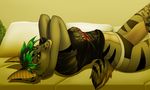  2017 anthro black_nose brown_eyes canine detailed_background digital_media_(artwork) female fur green_hair grey_fur hair lying mammal midriff solo tales_foxdale 