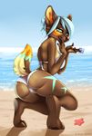  2017 anthro barefoot beach big_breasts bikini biped blue_eyes blue_hair blue_markings blue_sky breasts brown_body brown_fur brown_nose butt camel_toe canine claws clothed clothing condom crouching day digital_media_(artwork) eyelashes female fully_clothed fur hair hair_bun hi_res holding_condom holding_object inviting kogar_tg looking_at_viewer looking_back mammal marine markings multicolored_body multicolored_tail orange_markings outside pawpads raised_tail rear_view sand sea seaside shaded sky smile soft_shading solo starfish sweat swimsuit three-quarter_view vatika water wet wolf yellow_body yellow_sclera 