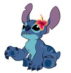  2016 4_fingers 4_toes alien alpha_channel aqua_countershading back_markings black_eyes blue_claws blue_fur blue_nose chest_tuft claws countershading digital_drawing_(artwork) digital_media_(artwork) disney experiment_(species) flower fur head_tuft hibiscus lilo_and_stitch markings nose_wrinkle notched_ear outline plant sally_vinter signature simple_background sitting small_tail solo stitch toes transparent_background tuft watermark 