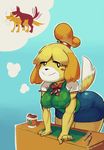  2017 5_fingers animal_crossing anthro beverage big_breasts blush breasts butt canine clothing coffee daydream digital_media_(artwork) dog dot_eyes female fur hands_on_desk horny_(disambiguation) imagination isabelle_(animal_crossing) lilmoonie looking_at_viewer mammal nintendo raised_tail shirt skirt smile solo suggestive sweater tailwag video_games yellow_fur 