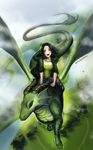  ambiguous_gender black_hair breasts clothed clothing day detailed_background digital_media_(artwork) dragon flying green_eyes hair hi_res horn human mammal nitricacid open_mouth outside 