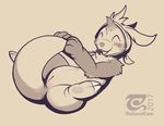  2017 blush chespin claws cute eyes_closed female fur holding_tail lying monochrome nintendo nude on_back open_mouth pawpads pok&eacute;mon pok&eacute;mon_(species) pussy simple_background solo the_secret_cave video_games 