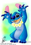  &copy; 2016 3_toes 4_fingers alien black_eyes blue_claws blue_fur blue_nose cheek_tuft chest_tuft claws comic_sans digital_drawing_(artwork) digital_media_(artwork) disney experiment_(species) fluffy fur head_tuft lei lilo_and_stitch looking_at_viewer no_sclera raised_arm signature simple_background slasher12 solo stitch toes tuft url watermark 