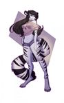  anthro barefoot black_hair collar digital_media_(artwork) digitigrade feline female fur hair hi_res mammal midriff navel nitricacid pink_eyes simple_background solo striped_fur stripes tiger wide_hips 