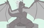  2017 anus back_muscles balls black_and_white dragon draxa_(character) erection greyscale horn male male_focus monochrome muscular muscular_male nude penis presenting raised_tail repzzmonster scalie spread_legs spread_wings spreading table wings 