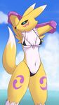  2017 anthro aoinu bikini black_nose black_sclera blue_eyes breasts clothed clothing cloud digimon female fur gloves hi_res looking_at_viewer navel outside renamon sky solo standing swimsuit water white_fur yellow_fur 