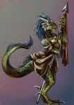  argonian breasts brewbraid claws clothed clothing digitigrade dress feather_hair female horn lifts-her-tail melee_weapon morrowind polearm pussy raised_skirt reptile scalie solo spear the_elder_scrolls tongue video_games weapon 