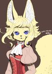  2015 :3 anthro biped black_nose blonde_hair blue_eyes brown_background bust_portrait canine clothing corset cravat digital_drawing_(artwork) digital_media_(artwork) female fennec flat_chested fluffy fluffy_tail fox front_view fur hair inner_ear_fluff japanese kemono lingerie long_tail looking_at_viewer mammal nogi open_mouth open_smile pink_clothing pink_topwear portrait puffy_sleeves red_clothing red_topwear short_hair simple_background slim small_waist smile solo voluptuous yellow_fur yellow_tail 