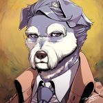  2017 anthro big_eyebrows biped brown_background brown_clothing brown_eyes brown_nose brown_theme brown_topwear canine cheek_tuft clothing digital_drawing_(artwork) digital_media_(artwork) dog dress_shirt eyewear facial_hair floppy_ears front_view frown fur gentleman glasses grey_fur grey_hair hair half-closed_eyes headshot_portrait icon inner_ear_fluff japanese kemono looking_away male mammal mature_male multicolored_fur mustache necktie nogi old open_clothing open_jacket pince-nez portrait shirt short_hair signature simple_background solo trenchcoat tuft two_tone_fur white_clothing white_fur white_topwear 
