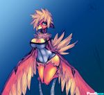  avian big_breasts bird blue_eyes breasts clothed clothing digital_media_(artwork) feathers female hi_res nook-lom puddomega simple_background solo 