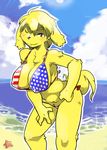  2017 ahoge anthro beach big_breasts bikini blonde_hair breasts canine cleavage clothed clothing female fur hair hi_res kemono konopizaga!! leaning leaning_forward looking_at_viewer mammal nipple_bulge one_eye_closed outside portrait seaside short_hair smile solo standing stars_and_stripes swimsuit three-quarter_portrait united_states_of_america yellow_fur 