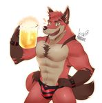  2017 alcohol anthro beer beer_mug beverage biceps brown_fur bulge canine clothed clothing collarbone front_view fur gloves_(marking) green_eyes hand_on_hip hi_res holding_cup kanisorn looking_at_viewer male mammal markings muscular muscular_male open_mouth open_smile pattern_clothing pecs pink_fur simple_background smile solo striped_clothing striped_underwear tan_fur topless underwear white_background wolf wristband 