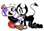  2017 animate_inanimate bendy bendy_and_the_ink_machine bow_tie cuphead_(character) cuphead_(game) demon digital_media_(artwork) duo hi_res humanoid male male/male not_furry object_head open_mouth simple_background spade_tail toonytou white_background 