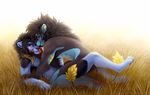  5_fingers anthro belo4ka black_fur black_hair black_nose blue_fur detailed_background digital_media_(artwork) duo feline fur grass hair lion lying male mammal red_eyes red_nose 