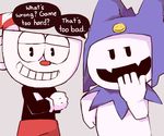  animate_inanimate cuphead_(character) cuphead_(game) demon duo english_text fangs hat humanoid humor jack_frost mamaito megami_tensei object_head smile smirk text 